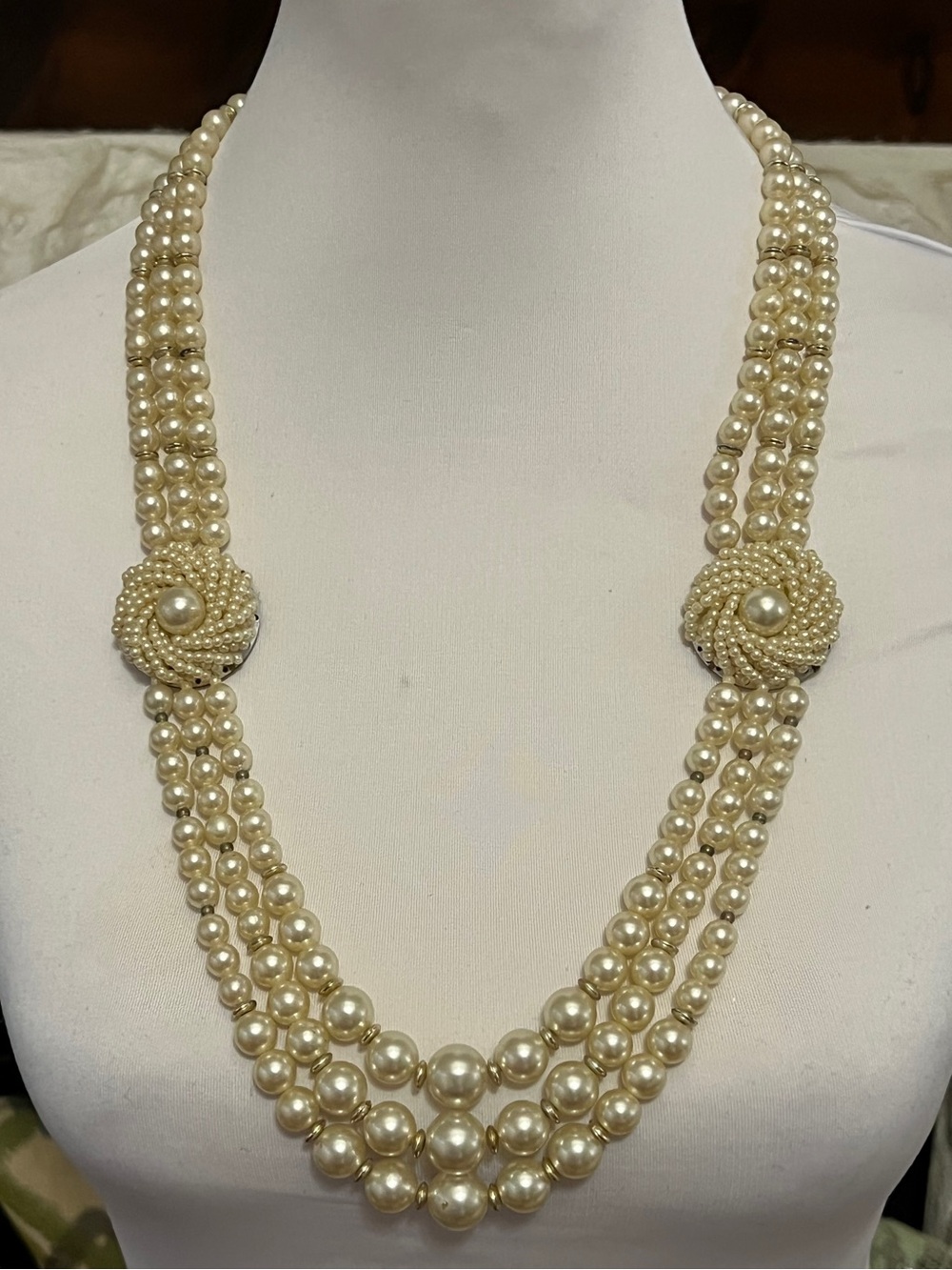 Vintage Cream Faux Pearl Three-Strand Necklace with Rosette Pearl Accents